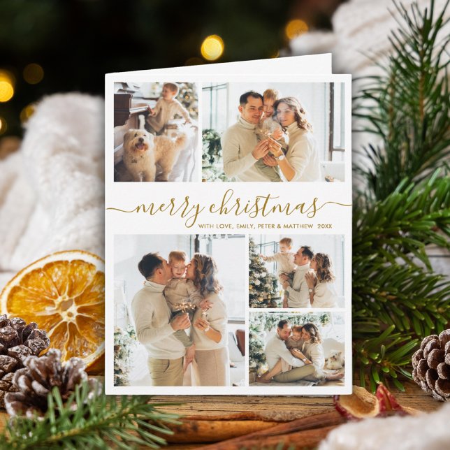 Elegant Gold White 5 Photo Collage Christmas  Holiday Card (Creator Uploaded)