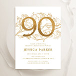 Elegant Gold White 90th Birthday Invitation<br><div class="desc">Elegant gold white 90th birthday party invitation. Customisable modern feminine design featuring roses botanical accents and faux glitter gold. Simple floral invite card perfect for a stylish female bday celebration. Personalise with your own details. Printed Zazzle invitations or instant download digital printable template.</div>