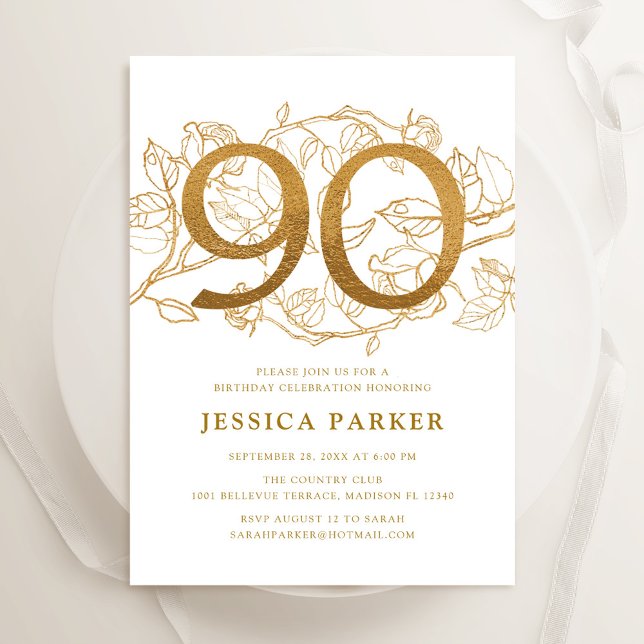 Elegant Gold White 90th Birthday Invitation (Creator Uploaded)