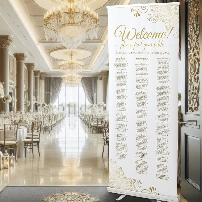 Elegant Gold & White Alphabetical Seating Chart Retractable Banner (Creator Uploaded)