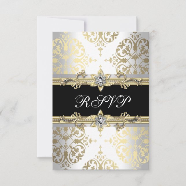 Elegant Gold White Black Damask RSVP (Front)