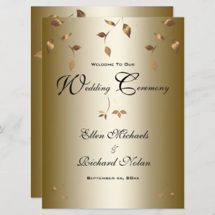 Elegant Gold, White, Black Falling Leaves Wedding Programme