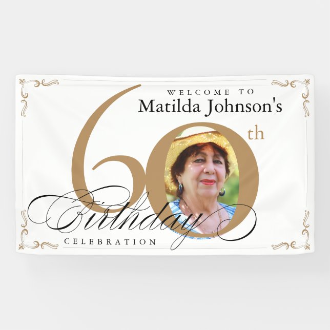 Elegant Gold White Calligraphy Photo 60th Birthday Banner (Horizontal)