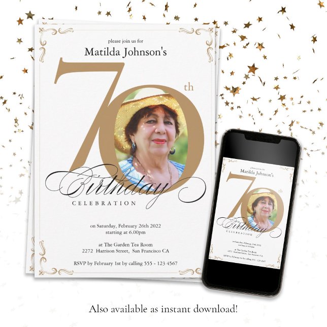 Elegant Gold White Calligraphy Photo 70th Birthday Invitation (Elegant Gold White Calligraphy Photo 70th Birthday Invitation)