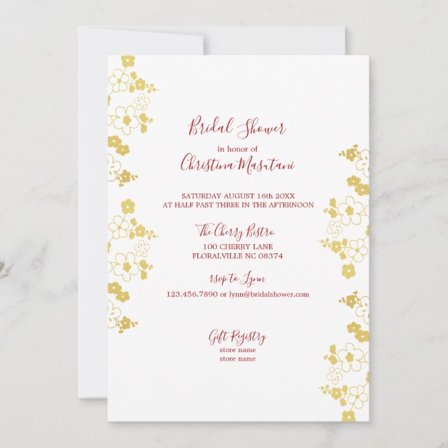Elegant Gold & White Cherry Blossom Bridal Shower Invitation (Front)