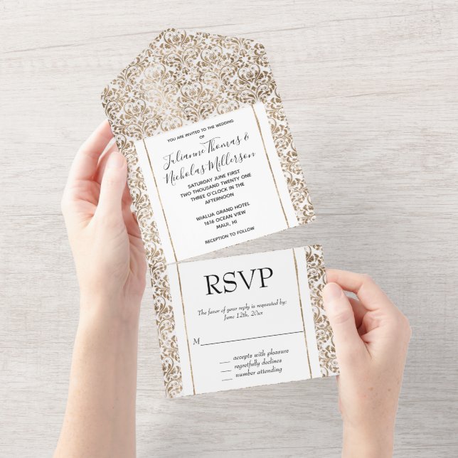 Elegant Gold White Chic Damask  All In One Invitation (Tearaway)