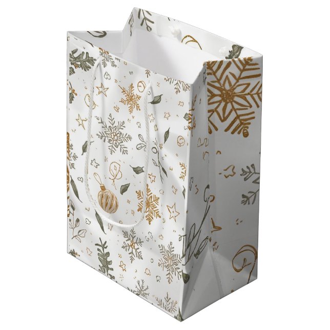 Elegant Gold & White Christmas Holiday Medium Gift Bag (Front Angled)