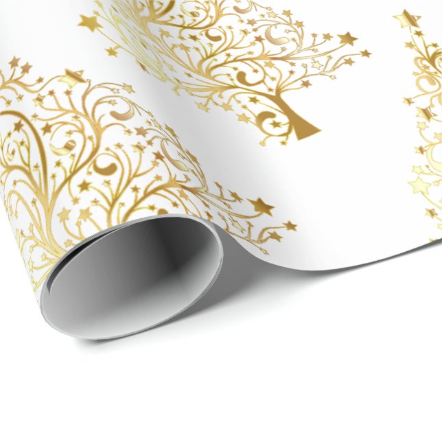 Elegant Gold & White Christmas Tree Pattern Wrapping Paper (Roll Corner)