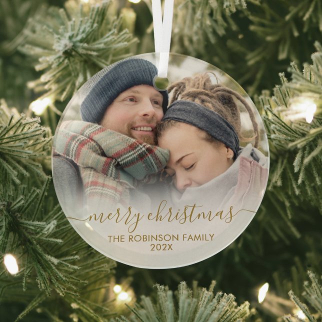 Elegant Gold White Couple Photo Merry Christmas   Glass Tree Decoration (Insitu)