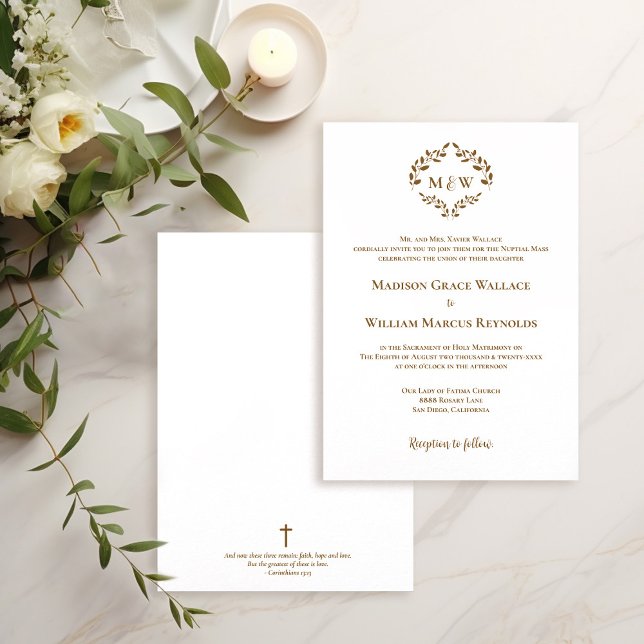 Elegant gold & white Crest Modern Catholic Wedding Invitation (Monogram laurel wreath leaves faux gold cross bible verse modern catholic wedding invitation.)