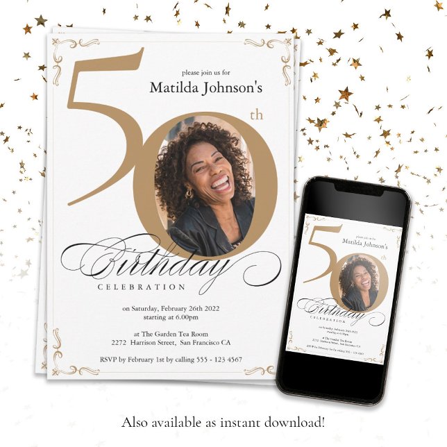 Elegant Gold White Custom Photo 50th Birthday Invitation (50th Birthday Elegant Gold White Calligraphy Photo Invitation)