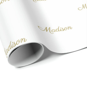 Elegant gold white custom script name Birthday Wrapping Paper