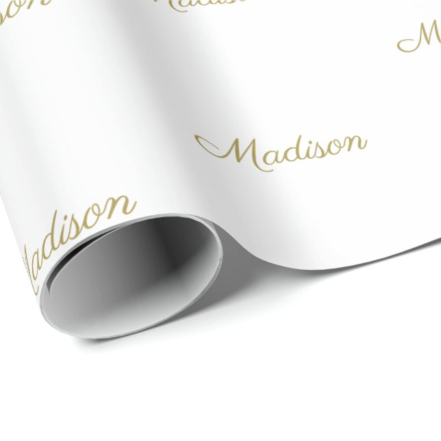 Elegant gold white custom script name Birthday  Wrapping Paper (Roll Corner)