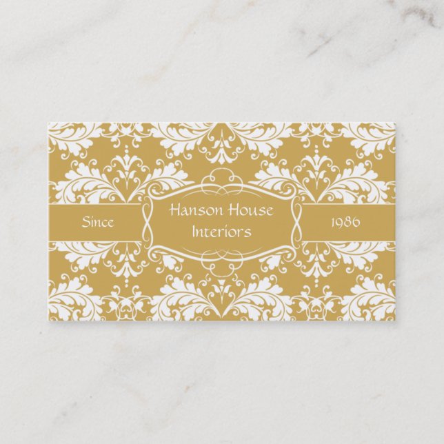 Elegant Gold White Damask Business Card (Front)