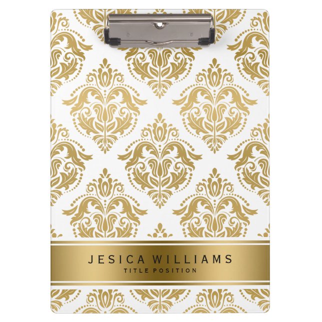 Elegant Gold & White Damasks Geometric Pattern Clipboard (Front)