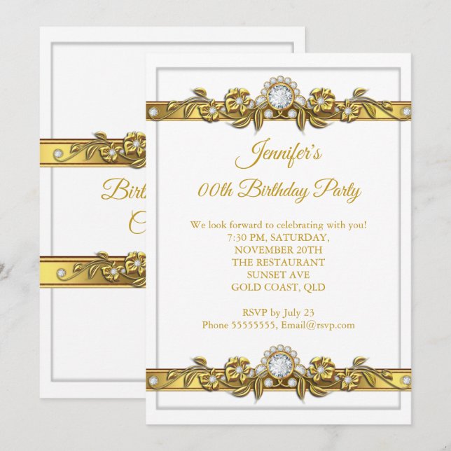 Elegant Gold White Diamond Birthday Party Invitation (Front/Back)