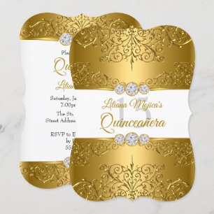 Elegant Gold White Diamond Glamour Quinceanera Invitation