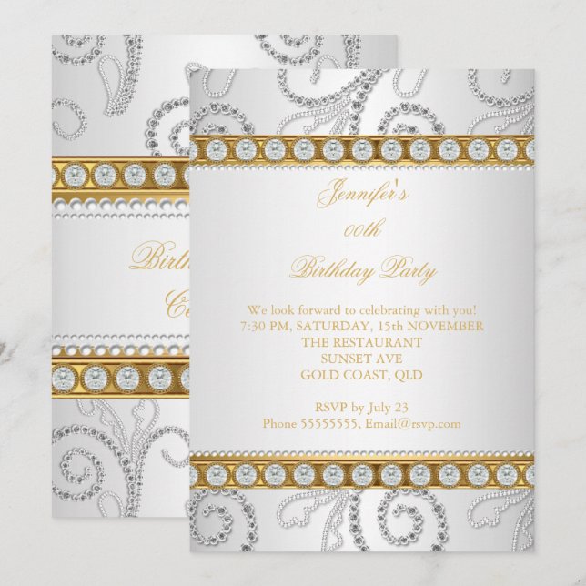Elegant Gold White Diamond Pearl Birthday Party Invitation (Front/Back)