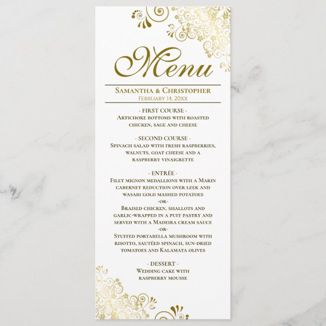 Elegant Gold & White Downloadable Wedding Menu (Front)