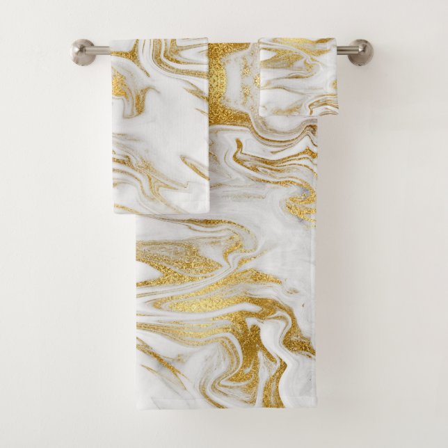 Elegant Gold White Faux Marble Bath Towel Set (Insitu)