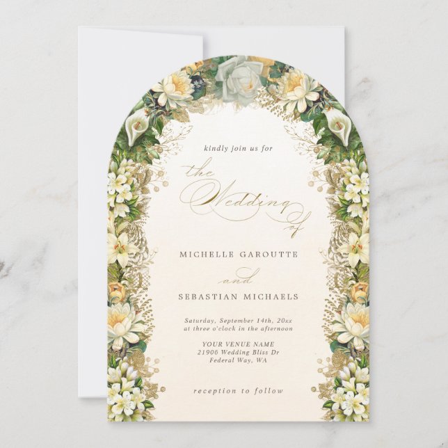 Elegant Gold White Floral Arch Wedding Invitation (Front)