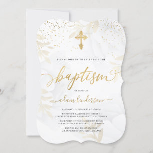 Elegant Gold & White Floral Baptism Invitation