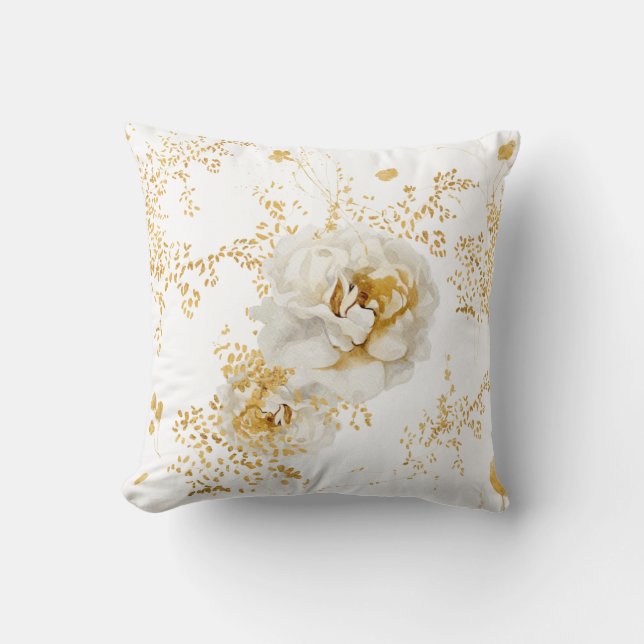 Elegant Gold White Floral  Cushion (Front)