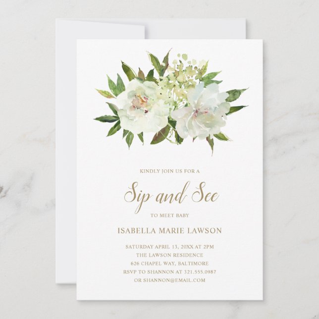 Elegant Gold White Floral Modern Baby Shower Invitation (Front)