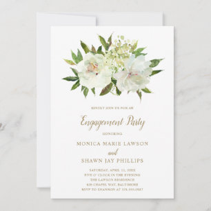 Elegant Gold White Floral Modern Engagement Party Invitation