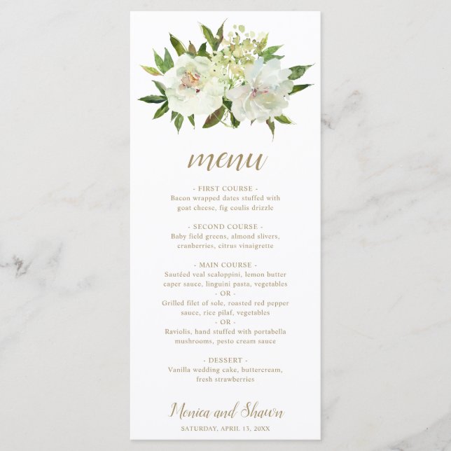 Elegant Gold White Floral Modern Wedding Menu (Front)