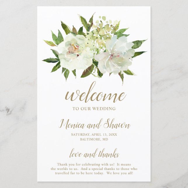 Elegant Gold White Floral Modern Wedding Program (Front)