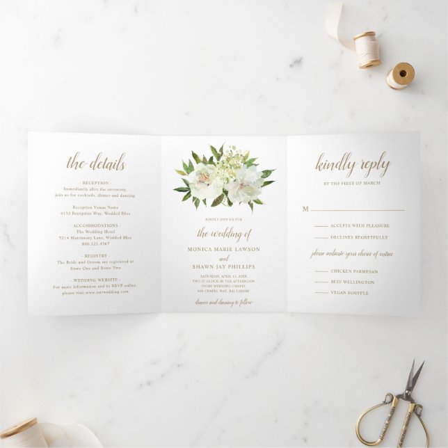 Elegant Gold White Floral Modern Wedding Tri-Fold Invitation (Inside)