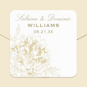 Elegant Gold White Floral Peony Wedding Monogram Square Sticker