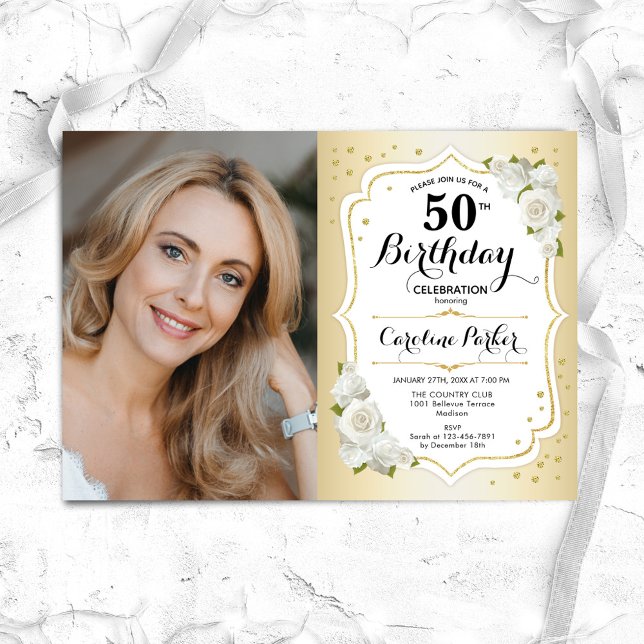 Elegant Gold White Floral Photo 50th Birthday Invitation (Creator Uploaded)