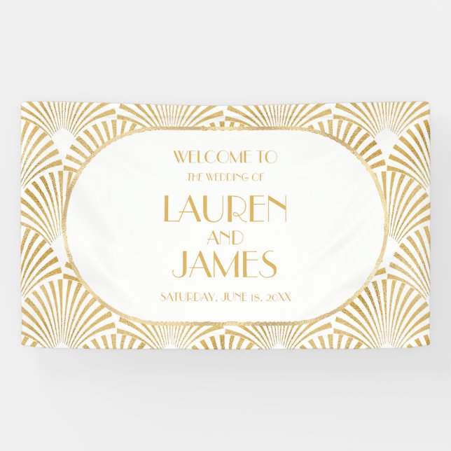 Elegant Gold White Geometric Art Deco Wedding Banner (Horizontal)