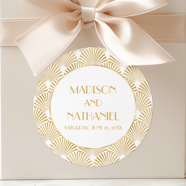 Elegant Gold White Geometric Art Deco Wedding Classic Round Sticker (Creator Uploaded)