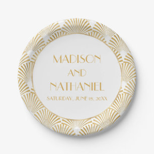 Elegant Gold White Geometric Art Deco Wedding Paper Plate