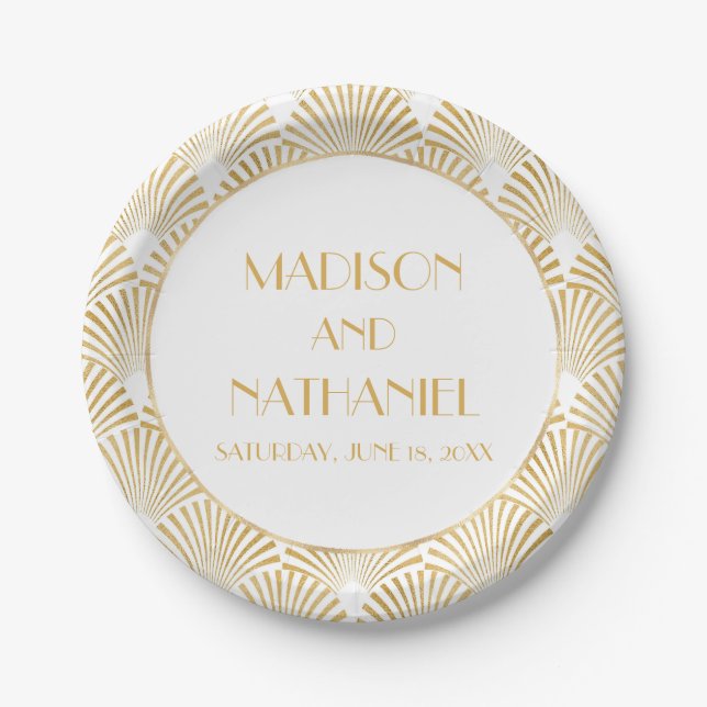 Elegant Gold White Geometric Art Deco Wedding Paper Plate (Front)