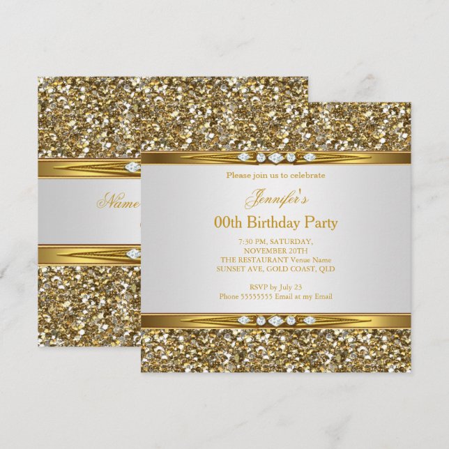 Elegant Gold White Glitter Diamond Birthday Party Invitation (Front/Back)