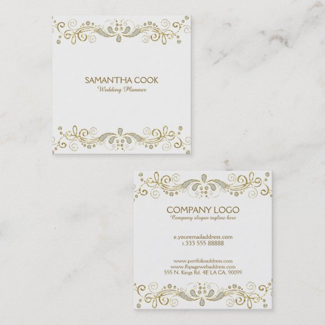 Elegant Gold & White Glitter Floral Swirls Frame Square Business Card (Front/Back)