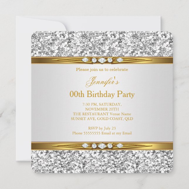 Elegant Gold White Glitter Silver Diamond Birthday Invitation (Front)