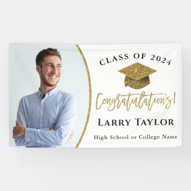 Elegant Gold White Graduate Photo Graduation Party Banner (Horizontal)