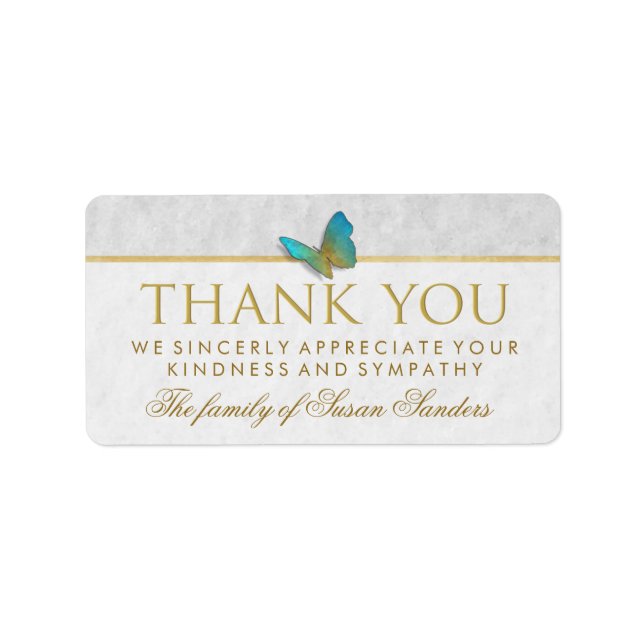 Elegant Gold, White & Grey Butterfly Thank You Label (Front)