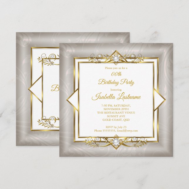 Elegant Gold White Grey Pearl Birthday Party Invitation (Front/Back)