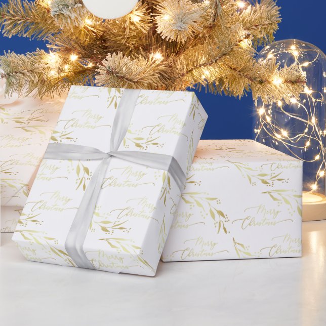 Elegant Gold White Hand Lettered Merry Christmas Wrapping Paper (Holidays)