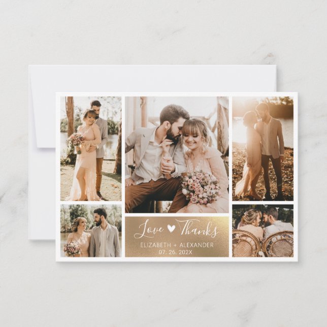 Elegant Gold White Heart Photo Collage Wedding  Thank You Card (Front)