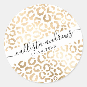 Elegant Gold White Leopard Cheetah Animal Print Classic Round Sticker