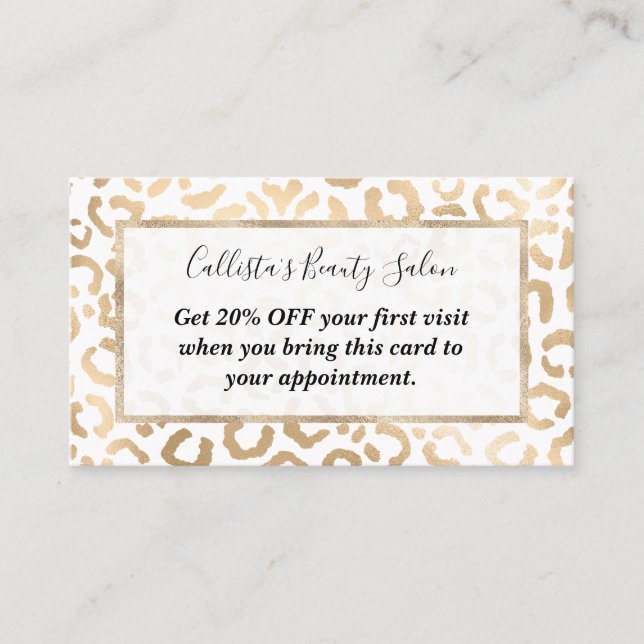 Elegant Gold White Leopard Cheetah Animal Print Discount Card (Front)