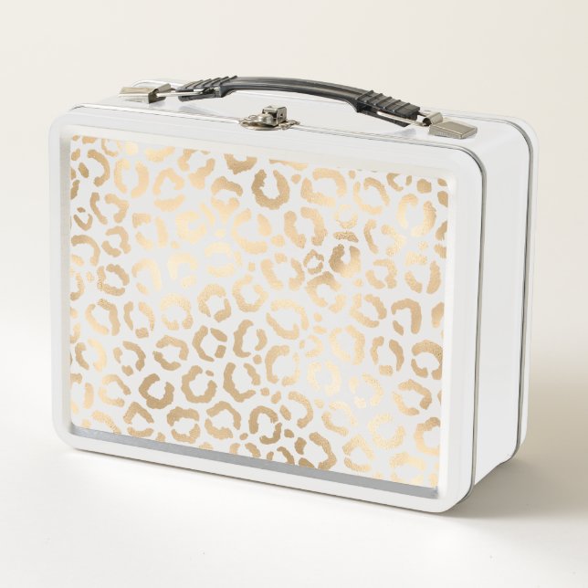 Elegant Gold White Leopard Cheetah Animal Print Metal Lunch Box (Front)