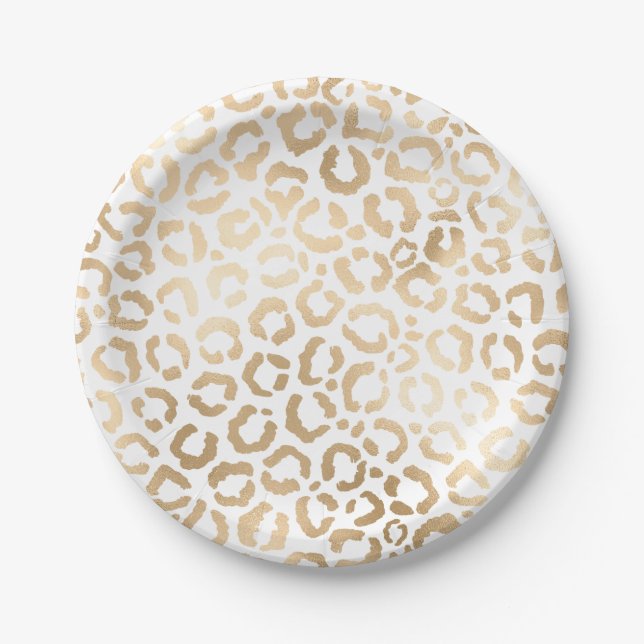 Elegant Gold White Leopard Cheetah Animal Print Paper Plate (Front)